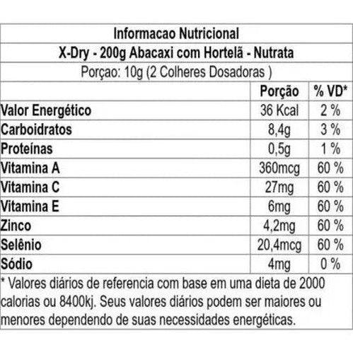 X Dry New 200g - Nutrata (antioxidante - Polidextrose, polpa de maçã (Pyrus malus L.), couve pó (Brassica oleracea L.),