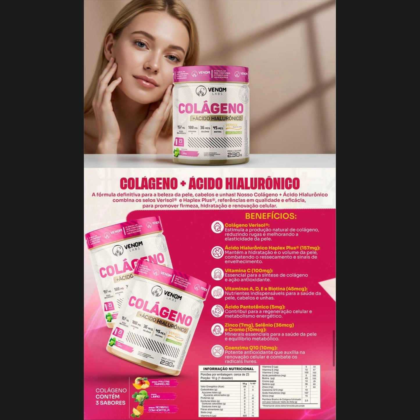 Colágeno Hidrolisado + Ácido Hialurônico 230g ( selos de pureza Verisol + Haplex) VENOM LABS