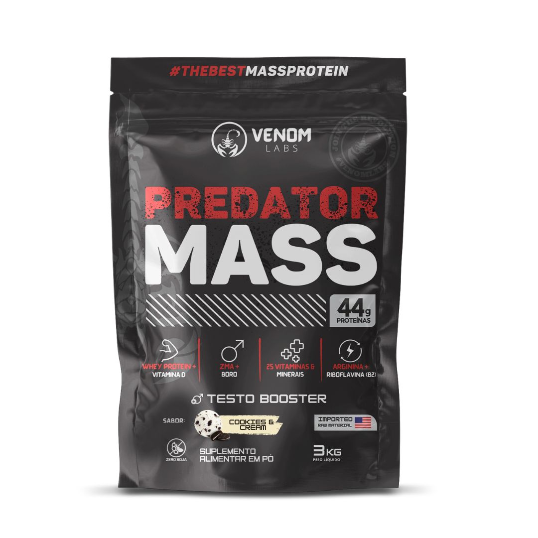 Hipercalórico PREDATOR MASS 3kg TESTO BOOSTER (44g proteínas por porção) Venom Labs - 7 sabores