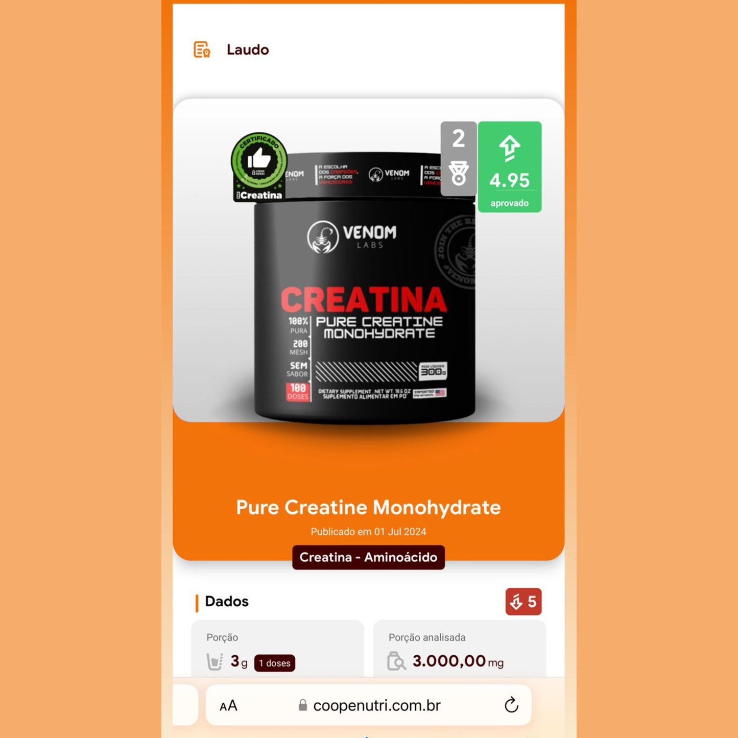 Creatina 100% Pura 150g (Laudada pela Abenutri e Coopenutri com 100% de pureza) - Venom Labs